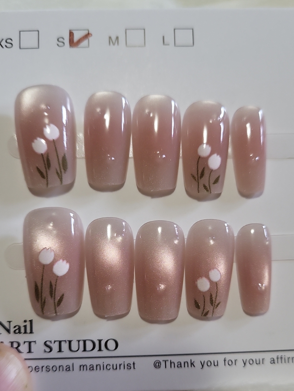 (S)🎀Handmade Nail Art Pink/ Nude Square Cateye w/ Tulip Design Press On Nails